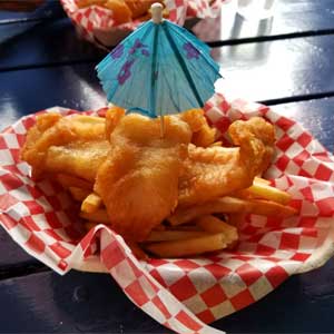 fish chips blue umbrella